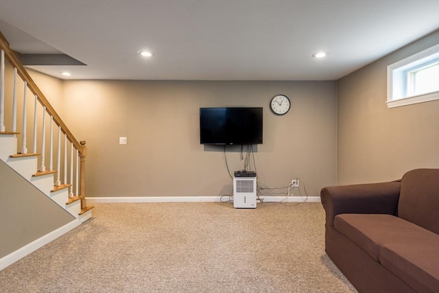 33 Cranberry Rd, Whitman, MA 02382 - carpeted living area featuring recessed lighting, baseboards, and stairway