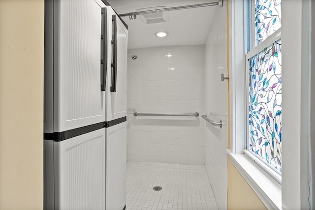 bathroom featuring a shower stall and recessed lighting