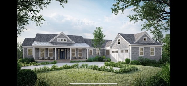 view of front facade with a porch, a garage, and a front yard