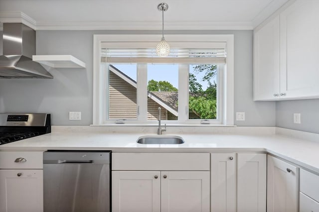 33 Oval Rd Unit 2, Quincy, MA 02170 - kitchen featuring stainless steel appliances, a sink, wall chimney exhaust hood, healthy amount of natural light, and ornamental molding