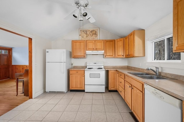 kitchen featuring white appliances, ceiling fan, a sink, light countertops, and under cabinet range hood