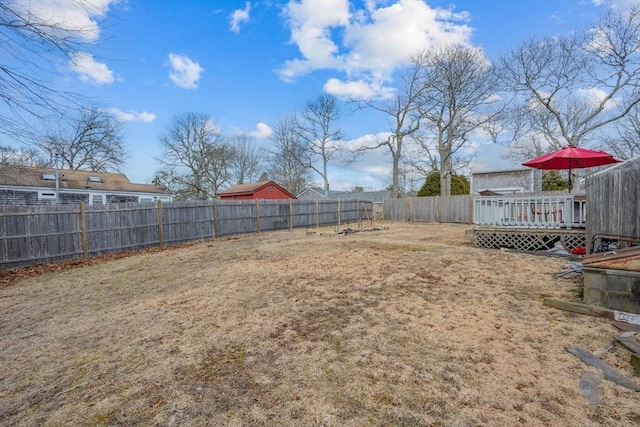 view of yard featuring a fenced backyard and a wooden deck