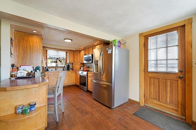kitchen featuring a sink, stainless steel appliances, baseboards, dark wood-style floors, and recessed lighting