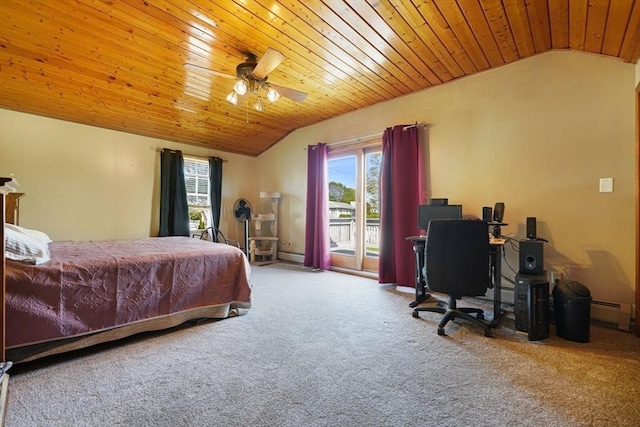 carpeted bedroom featuring vaulted ceiling, a baseboard radiator, a ceiling fan, wood ceiling, and access to outside