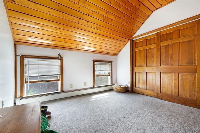bonus room with lofted ceiling, carpet floors, a baseboard heating unit, and wood ceiling