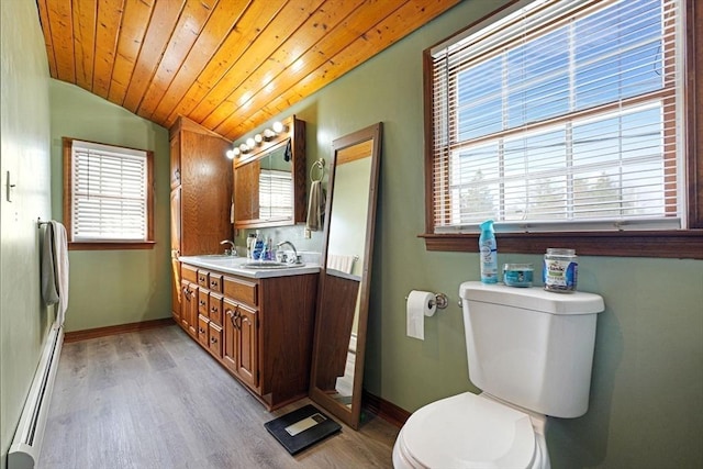 bathroom featuring a sink, toilet, wood finished floors, vaulted ceiling, and a baseboard radiator