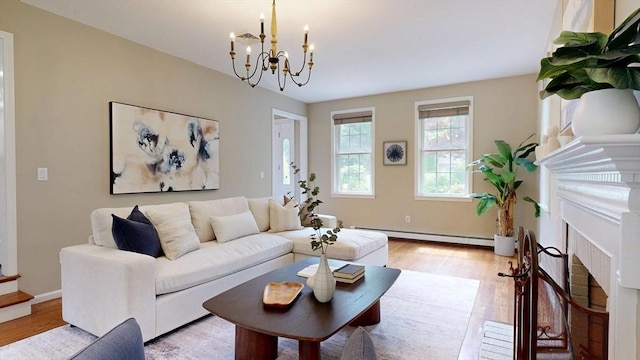 1 Ridgeway Rd, North Reading, MA 01864 - living room with a baseboard radiator, light wood finished floors, a chandelier, and a fireplace with flush hearth