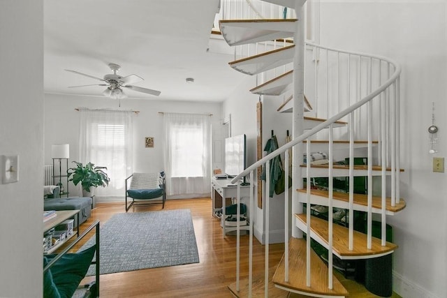 42 Carolina Ave, Boston, MA 02130 - entryway featuring stairway, ceiling fan, wood finished floors, and baseboards
