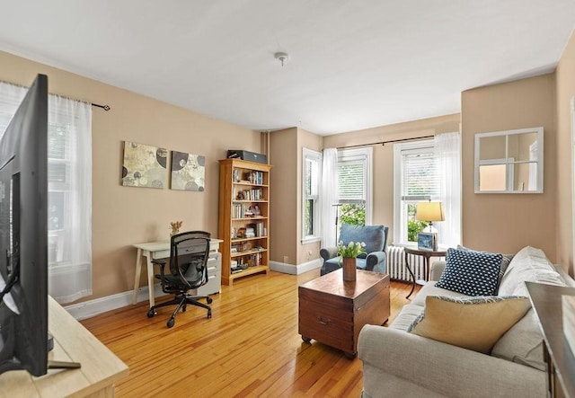 42 Carolina Ave, Boston, MA 02130 - home office featuring baseboards, light wood-style floors, and radiator heating unit