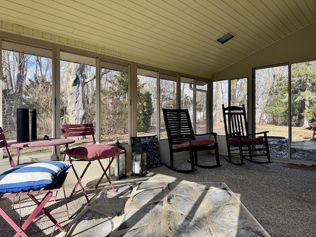 sunroom / solarium featuring lofted ceiling and wood ceiling