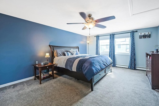 bedroom with a baseboard radiator, ceiling fan, baseboards, and carpet flooring