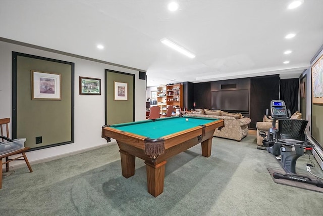 rec room with pool table, carpet, and recessed lighting