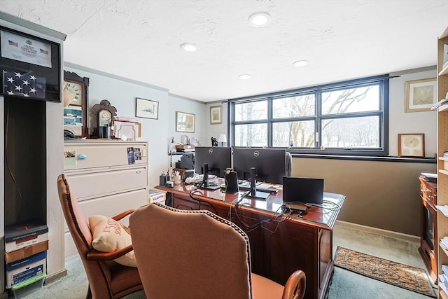 office area with baseboards, carpet flooring, and recessed lighting