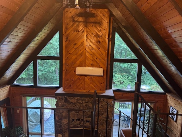 52 Nourse St, Westborough, MA 01581 - detailed view of a wooden ceiling with exposed beams, wood walls, and a chandelier