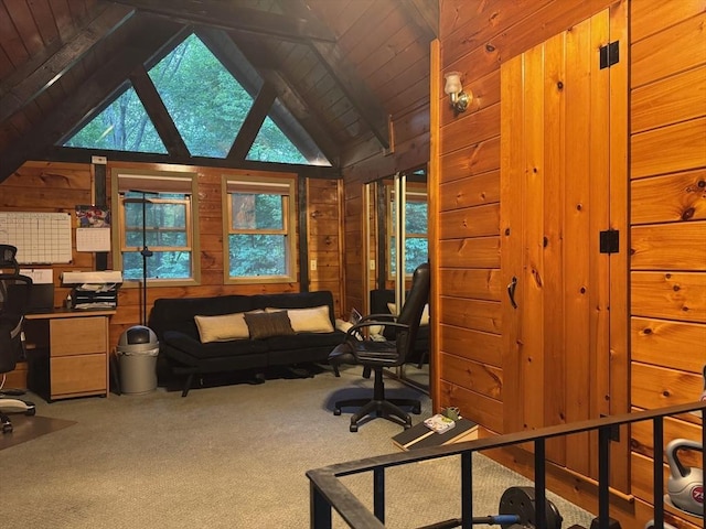 52 Nourse St, Westborough, MA 01581 - carpeted home office featuring wooden walls and vaulted ceiling