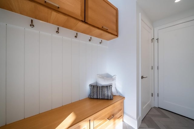 mudroom featuring parquet floors