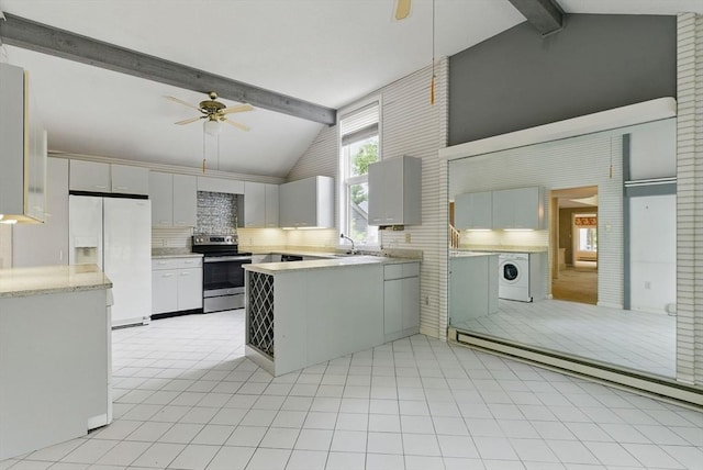 2 Hillside Dr Unit 2, Wayland, MA 01778 - kitchen with white refrigerator with ice dispenser, a ceiling fan, stainless steel electric range, beam ceiling, and backsplash