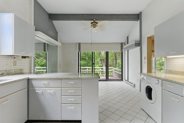 2 Hillside Dr Unit 2, Wayland, MA 01778 - kitchen featuring washer / dryer, light tile patterned floors, ceiling fan, a baseboard radiator, and light stone counters