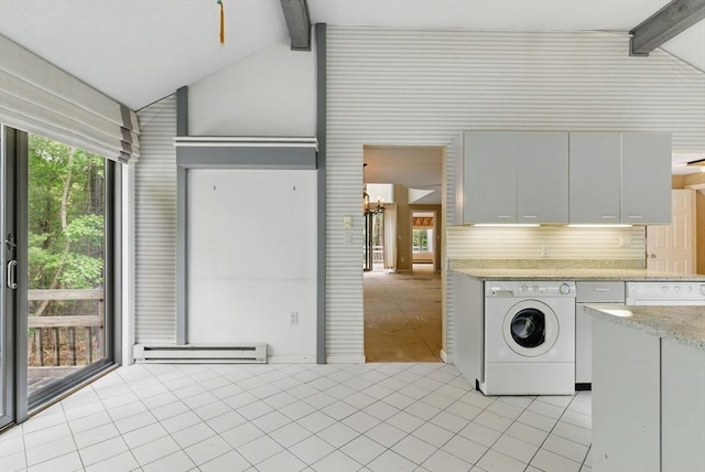 2 Hillside Dr Unit 2, Wayland, MA 01778 - washroom featuring baseboard heating, light tile patterned floors, cabinet space, and washing machine and clothes dryer