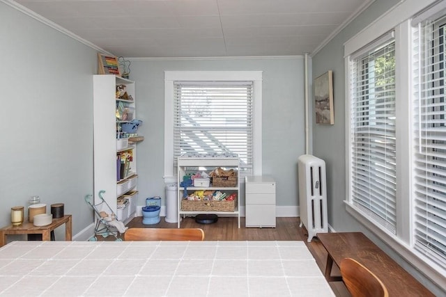 bedroom with radiator heating unit, ornamental molding, multiple windows, and wood finished floors