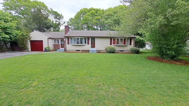298 Oakland Rd, Barnstable, MA 02601 - single story home with a garage, asphalt driveway, a chimney, entry steps, and a front yard