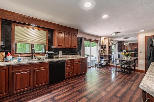 896 Montgomery St, Chicopee, MA 01013 - kitchen featuring dishwasher, a sink, backsplash, dark wood-style flooring, and a textured ceiling