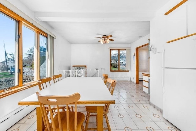 dining room with baseboard heating and a ceiling fan