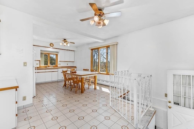 dining room with ceiling fan and a baseboard radiator