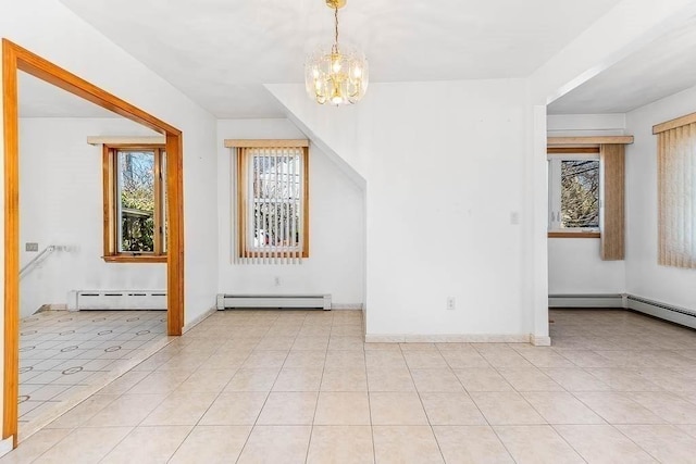 additional living space with light tile patterned flooring, baseboards, a chandelier, and baseboard heating