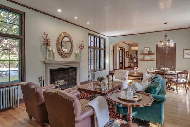 living room featuring an inviting chandelier, light hardwood / wood-style flooring, ornamental molding, and radiator