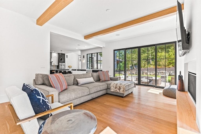 living room with a wealth of natural light, beam ceiling, and light hardwood / wood-style flooring