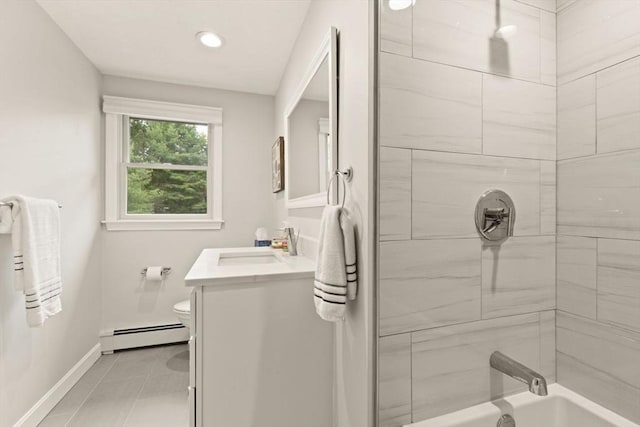 18 Sunset Dr, Sharon, MA 02067 - bathroom featuring a baseboard radiator, baseboards, vanity, toilet, and tile patterned flooring
