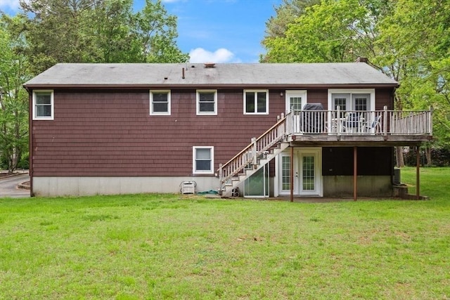 18 Sunset Dr, Sharon, MA 02067 - rear view of property with french doors, a wooden deck, stairway, and a lawn
