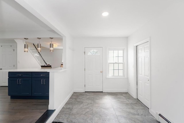 5 Woodland Dr, Oxford, MA 01540 - foyer with stairs, a baseboard radiator, and recessed lighting