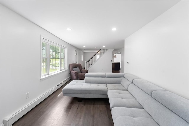 5 Woodland Dr, Oxford, MA 01540 - living room with baseboard heating, stairway, dark wood-type flooring, and recessed lighting