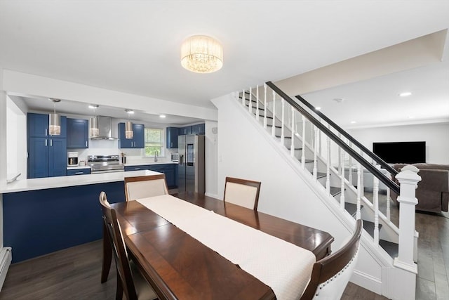 5 Woodland Dr, Oxford, MA 01540 - dining room with dark wood-style flooring, stairs, baseboard heating, a chandelier, and recessed lighting