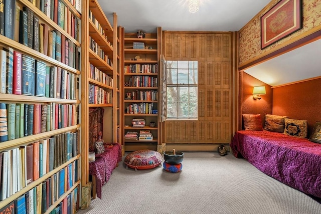 interior space featuring lofted ceiling, carpet floors, and a baseboard heating unit