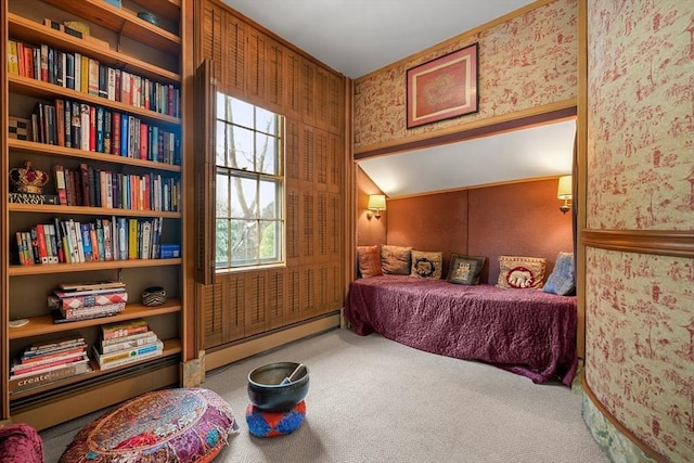 bedroom featuring carpet flooring, vaulted ceiling, and baseboard heating