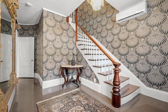 staircase with an AC wall unit