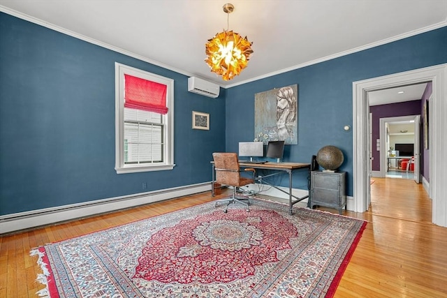 office area featuring hardwood / wood-style flooring, ornamental molding, a wall unit AC, and baseboard heating