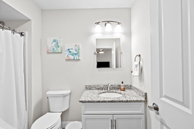 bathroom featuring toilet, ceiling fan, and vanity