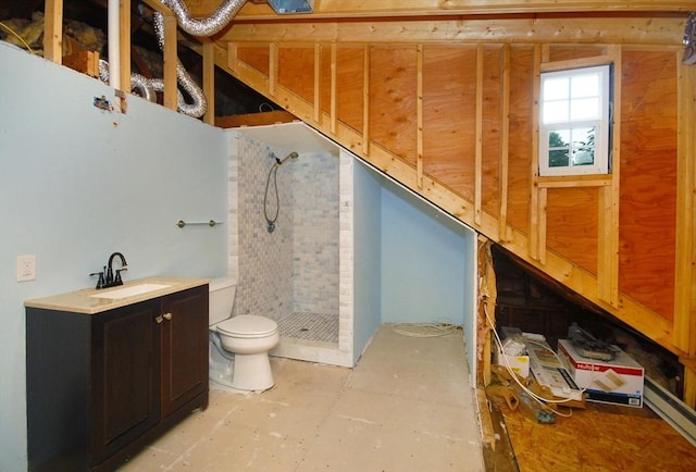 100 Main, Acton, MA 01720 - full bath featuring a sink, a shower stall, toilet, and a baseboard radiator