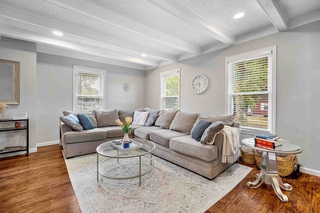 living room featuring wood-type flooring, beamed ceiling, a textured ceiling, and a wealth of natural light