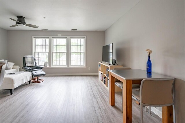 1 Riverview Blvd Unit 2-213, Methuen, MA 01844 - living area featuring light wood finished floors, a ceiling fan, and baseboards
