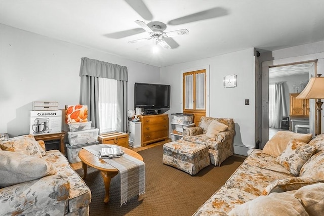 living area featuring ceiling fan, carpet floors, and a baseboard radiator