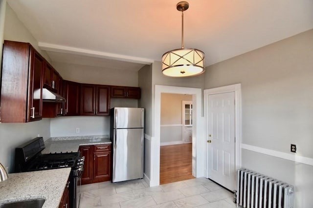 15-1/2 Tremlett St, Boston, MA 02124 - kitchen with freestanding refrigerator, radiator, gas range oven, under cabinet range hood, and a sink