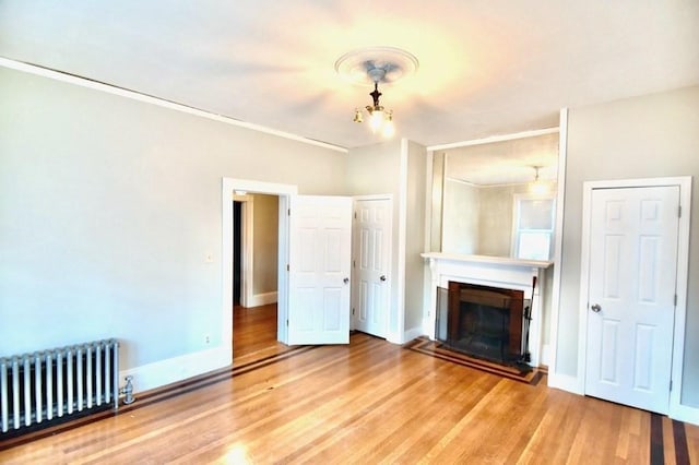 15-1/2 Tremlett St, Boston, MA 02124 - unfurnished living room featuring radiator, a fireplace with raised hearth, wood finished floors, and baseboards