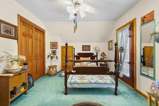 67 Main St, Atkinson, NH 03811 - carpeted bedroom featuring lofted ceiling, a closet, and a ceiling fan