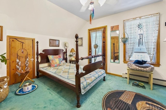 67 Main St, Atkinson, NH 03811 - carpeted bedroom with baseboard heating, lofted ceiling, and ceiling fan