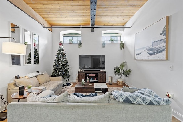 living room featuring wooden ceiling and hardwood / wood-style floors